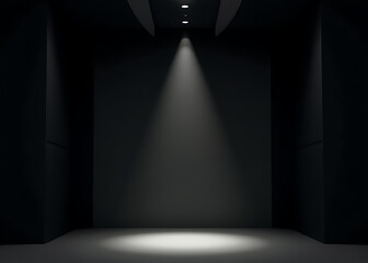 Obraz premium A modern performance stage with sleek black walls, minimalist design, and a single spotlight casting light on the center floor.