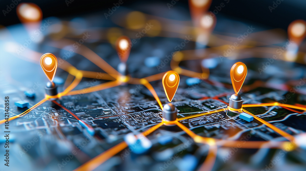Poster close up of digital interface showing urban traffic navigation with location markers, highlighting connectivity and technology in city planning