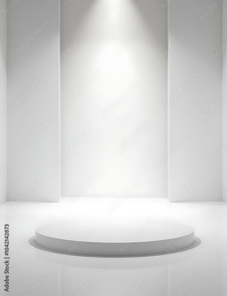 Poster a modern stage setup with white walls and floors, minimalist design, illuminated by soft natural lig