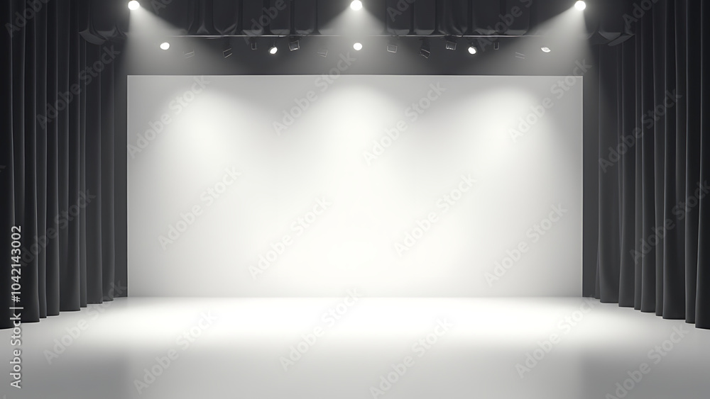 Aufkleber a modern theater stage with a white minimalist backdrop, bright lights illuminating the empty space,