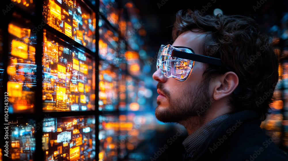 Poster man wearing futuristic glasses is immersed in digital world, surrounded by vibrant virtual reality d