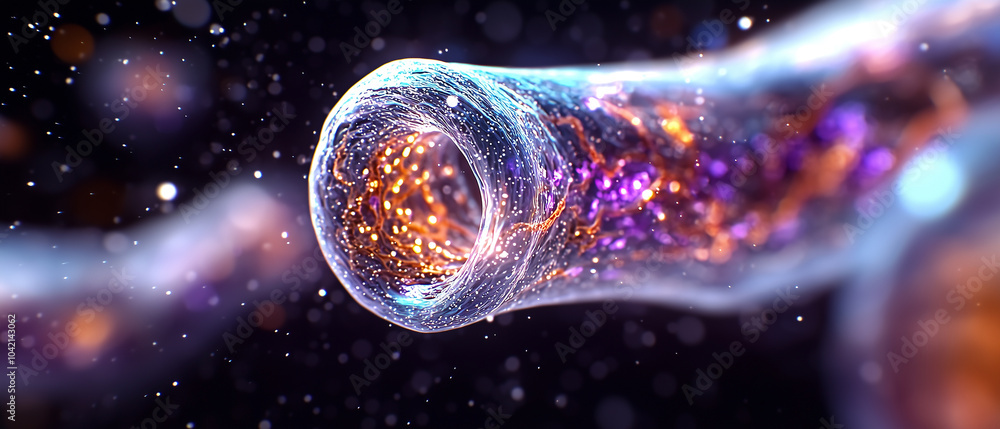 Poster vibrant digital artwork depicting futuristic, glowing tunnel with swirling colors and particles, evo