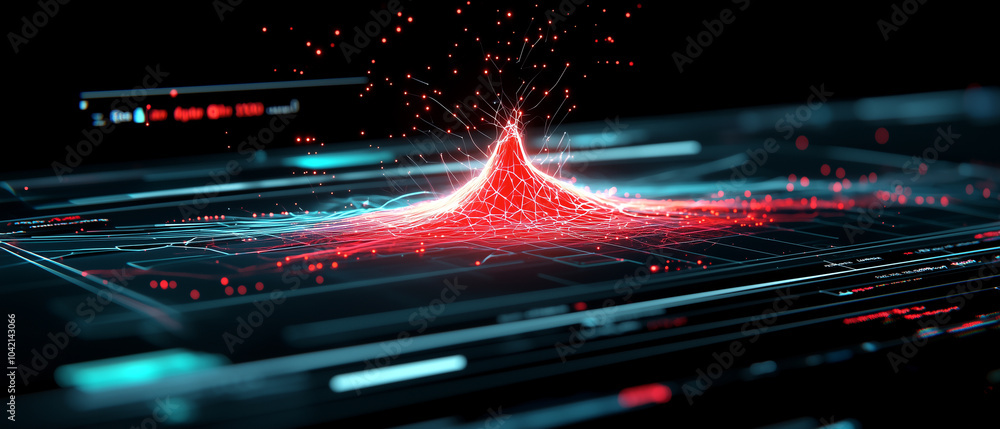 Poster digital interface displays environmental data with vibrant red and blue network, creating futuristic and dynamic visual. glowing elements suggest advanced technology and innovation