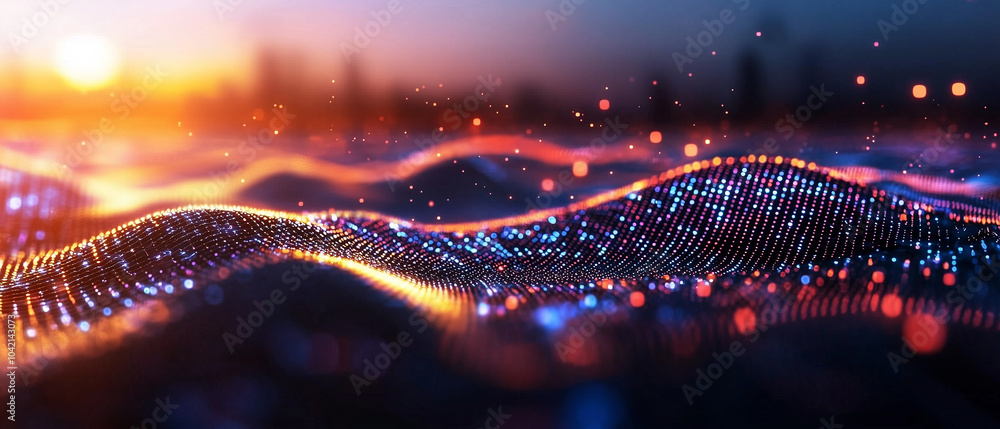 Poster digital landscape with data streams flowing through vibrant, glowing waves, creating futuristic and dynamic atmosphere. scene is illuminated by warm sunset