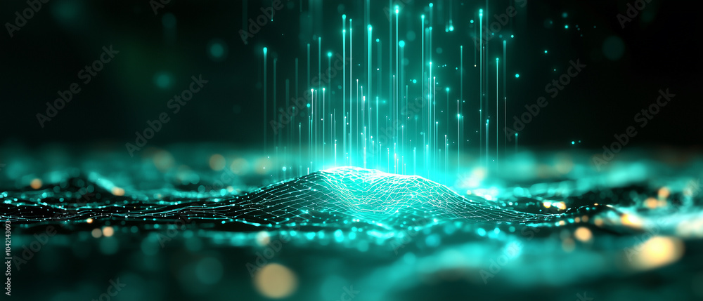 Aufkleber digital landscape with glowing data streams flowing through network, creating futuristic and dynamic atmosphere. vibrant teal colors enhance sense of technology and innovation