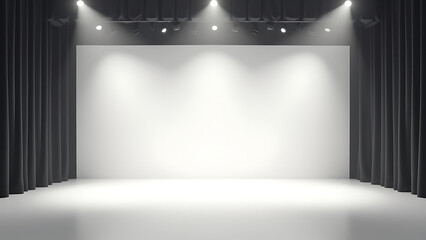 A modern theater stage with a white minimalist backdrop, bright lights illuminating the empty space, creating a clean and polished look.