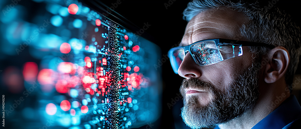 Poster man with glasses intently examines digital screen filled with data and glowing lights, reflecting fo