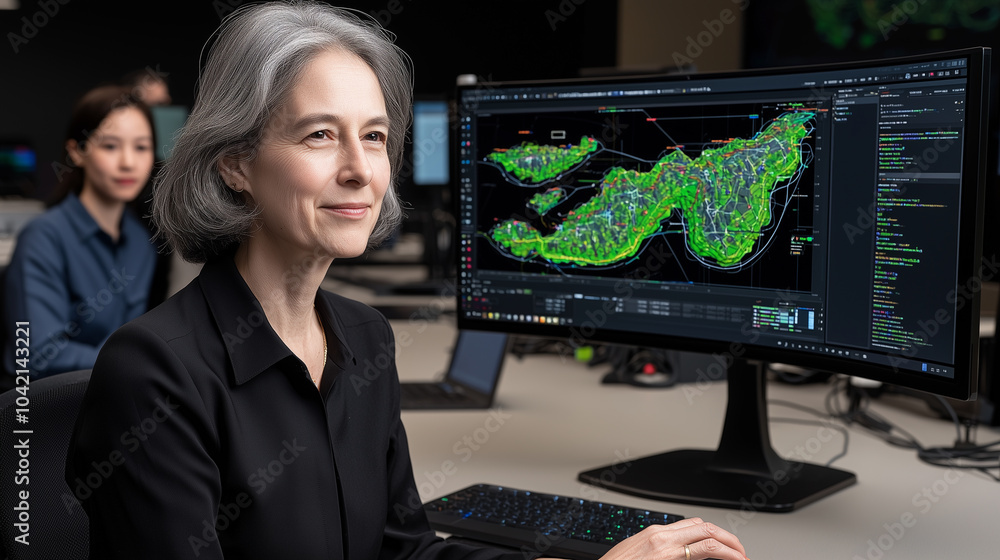 Poster woman engineer works on digital map at her desk, focusing intently on screen. in background, colleag