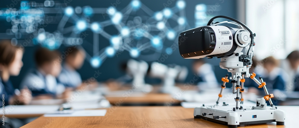 Poster futuristic classroom features students using virtual reality technology, with focus on robotic devic