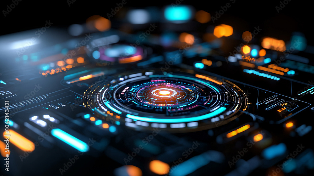 Poster futuristic control room with screens displaying data, glowing with vibrant colors and intricate digital interfaces, creating high tech atmosphere