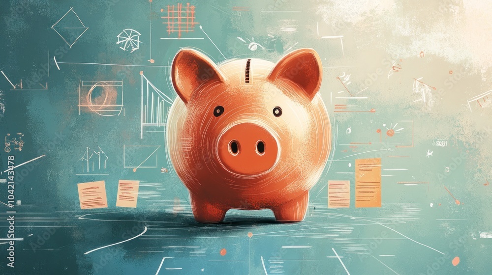 Poster a piggy bank stands in front of a background of scribbled financial charts and notes.