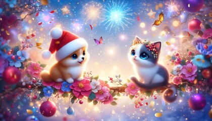 Fototapeta premium Cute Kitten and Puppy on Branch with Flowers - Festive Christmas Image