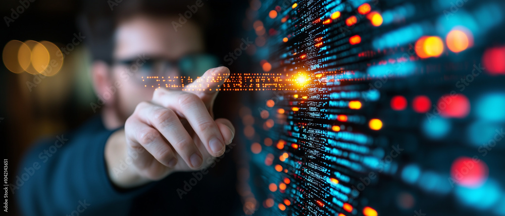 Aufkleber person interacts with digital interface, touching glowing point on screen filled with data streams. futuristic setting suggests advanced technology and innovation
