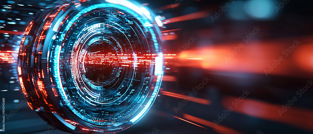 Poster futuristic digital interface with glowing blue and red lights, resembling high tech data hub or port