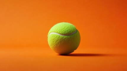 A green tennis ball on a vibrant orange background