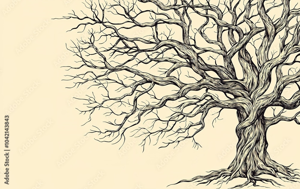 Aufkleber detail of a gnarled tree with intricate branches and roots on an off-white background captured durin