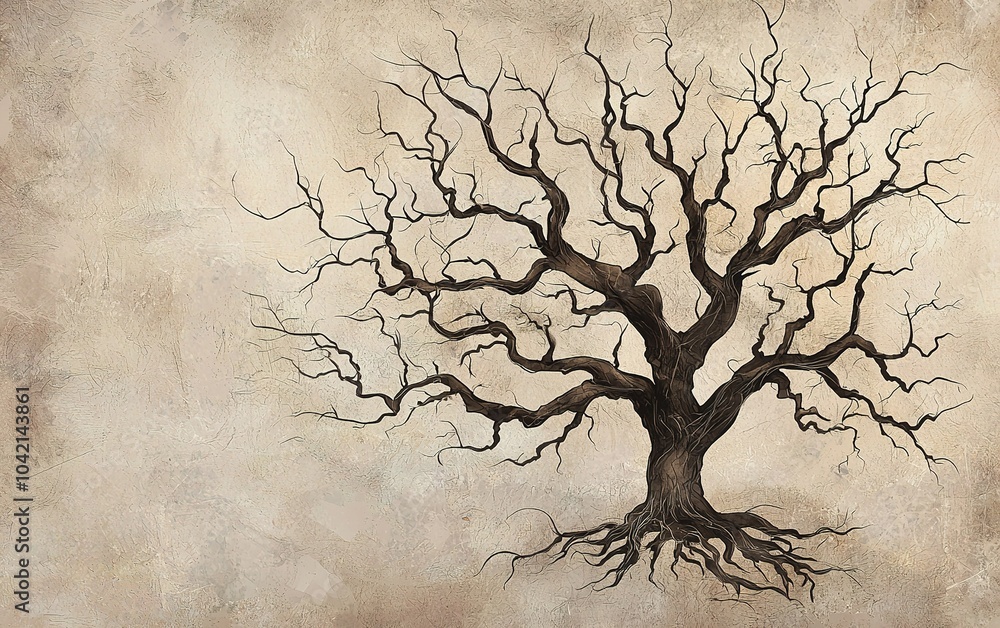 Aufkleber a barren tree with intricate branches and roots against a textured beige background in a surreal art