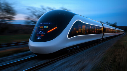 sleek, futuristic train speeds along track at dusk, showcasing advanced design and technology. trains aerodynamic shape and glowing lights highlight its modernity