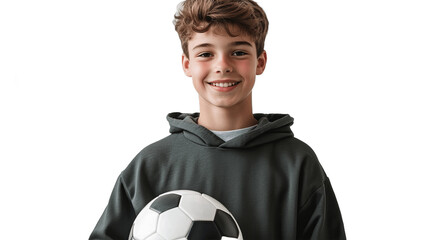 Smiling teen boy in sportswear holding soccer ball isolated on transparent background