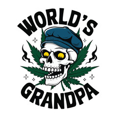 World&rsquo;s Dopest Grandpa cannabis leaf t-shirt featuring a skull wearing a grandpa cap