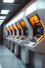 Fototapeta premium A row of modern kiosks with glowing orange accents, featuring advanced interfaces, set in a sleek, futuristic environment.