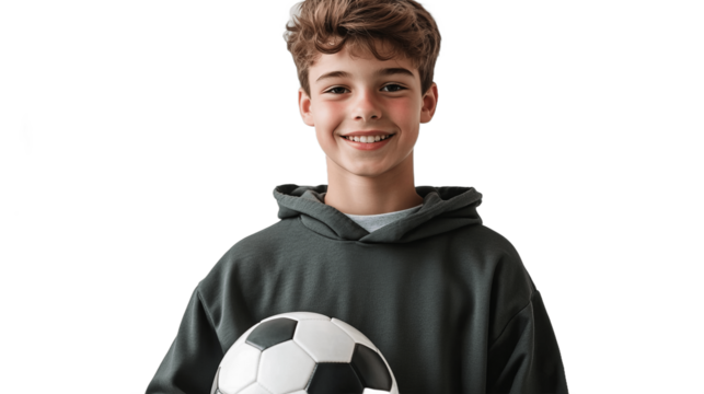 Smiling teen boy in sportswear holding soccer ball isolated on transparent background