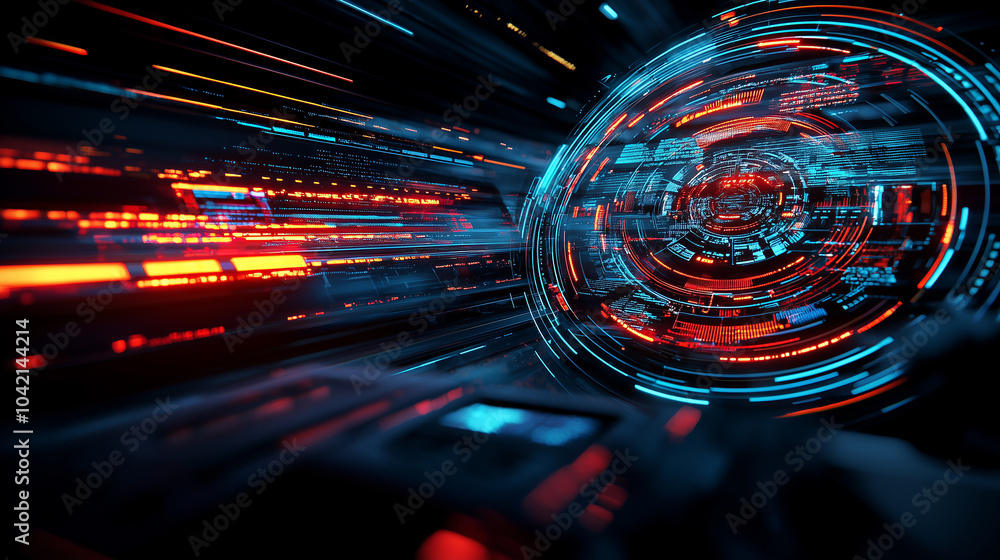 Poster futuristic workspace with advanced technology and digital interface, featuring vibrant red and blue lights creating dynamic, high tech atmosphere