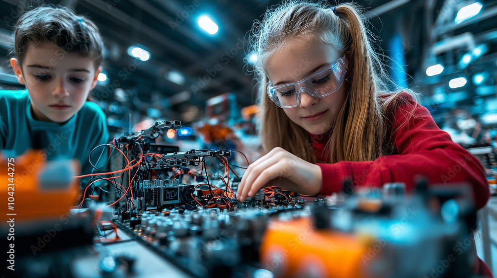 Poster Children engaged in coding and robotics, focused and curious, in tech workshop. They are learning hands on with circuits and wires, fostering creativity and teamwork