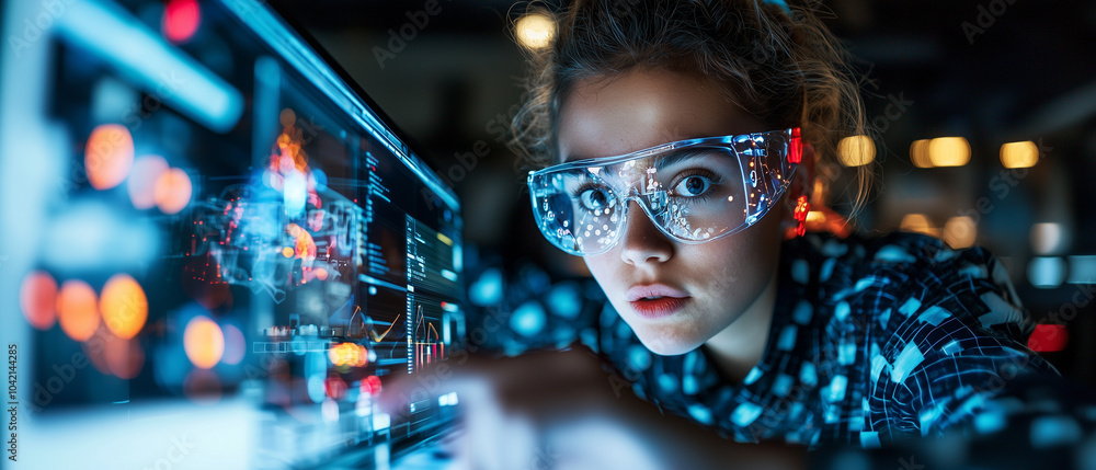 Poster focused student wearing protective glasses works on tech project, surrounded by digital screens and 