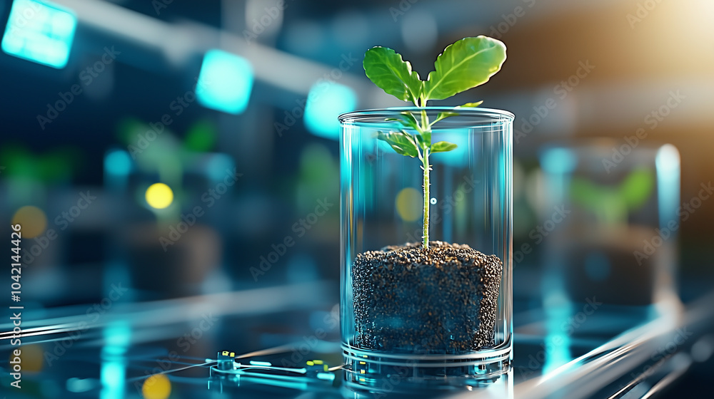 Poster young plant in glass container thrives in high tech greenhouse, utilizing sensors and automation for