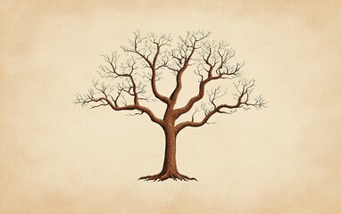 A solitary, leafless tree stands against a simple background, displaying intricate branches in a captivating natural design