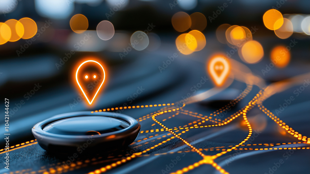 Poster futuristic smart city at night is illuminated with glowing digital map markers, symbolizing advanced navigation and connectivity. scene is vibrant and dynamic