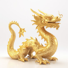 Fototapeta premium A majestic golden dragon sculpture isolated on white background, symbolizing power and prosperity, with intricate details and a dynamic pose.