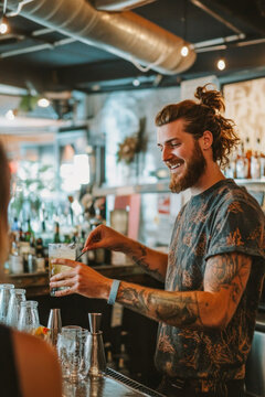 Smiling bartender preparing cocktail for customer at bar