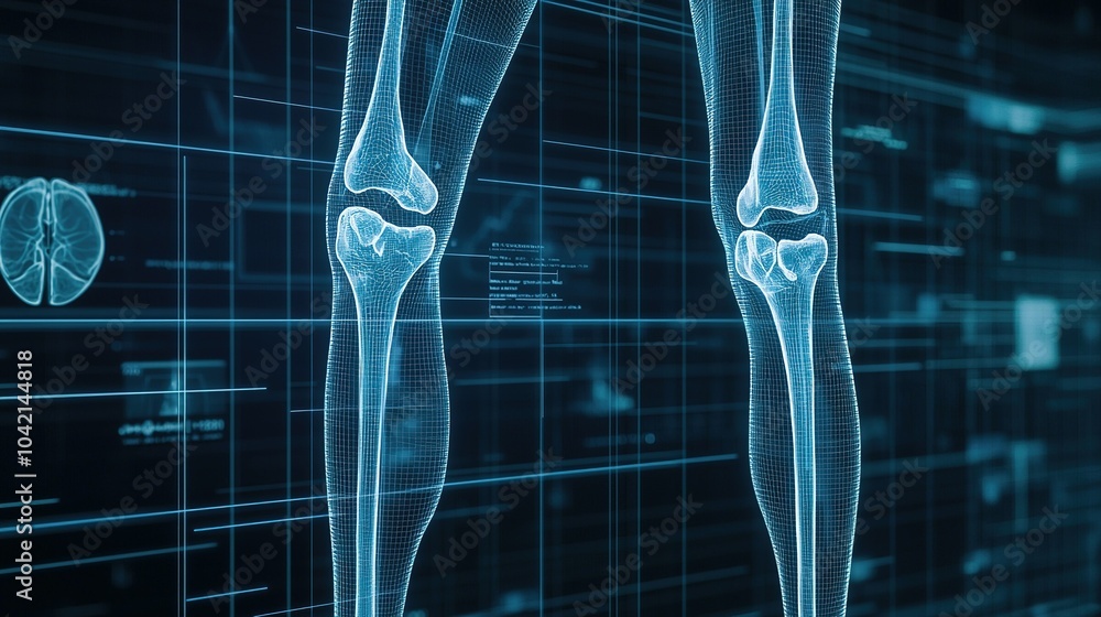 Poster anatomical illustration of human knees with digital elements showcasing features and details of the 