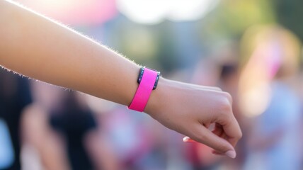 Close-up of a person's wrist wearing a pink breast cancer awareness wristband, with a blurred outdoor event in the background, natural light. Breast Cancer Awareness Month