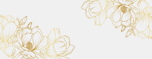 Luxury gold magnolia flowers background. Floral pattern tropical in line art style for greeting, invitation, wedding card, wall art, wallpaper and print. Vector illustration © abcvector