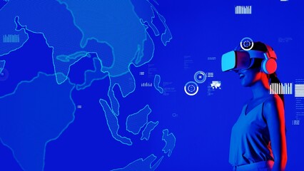 Woman in VR looking analyze meta world financial business data graph dynamic report blue background upload global interface digital infographic network technology visual 3D animation. Hallucination.in