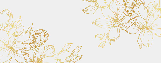 Luxury gold magnolia flowers background. Floral pattern tropical in line art style for greeting, invitation, wedding card, wall art, wallpaper and print. Vector illustration