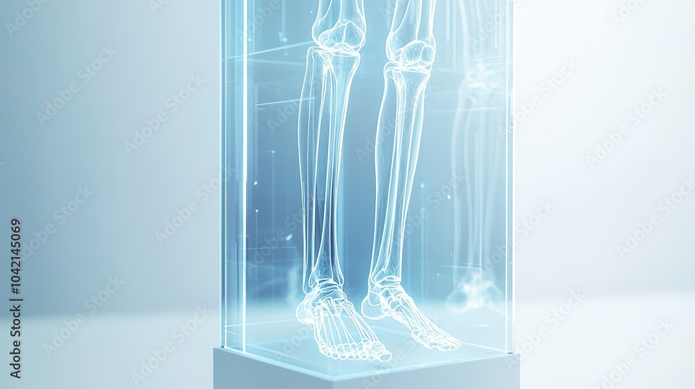 Poster a transparent display of a human leg's skeletal structure isolated against a soft background in a mo