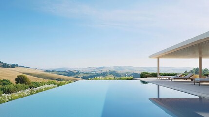 Fototapeta premium Serene infinity pool overlooking rolling hills and lush landscapes in a sunlit rural setting