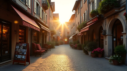 A morning scene in a small European village, with cobblestone streets and small shops just opening, bathed in the soft light of the sunrise.