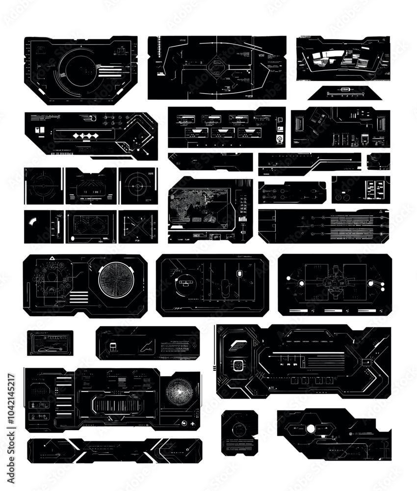 Poster digital hud interfaces black ink vector set. dashboards ui geometrical frames futuristic sci fi elem