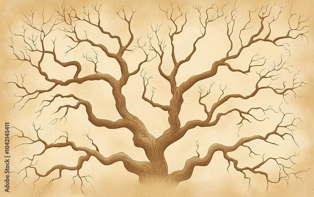 Aufkleber an intricately designed bare tree with sprawling branches on a beige background showcases natural el