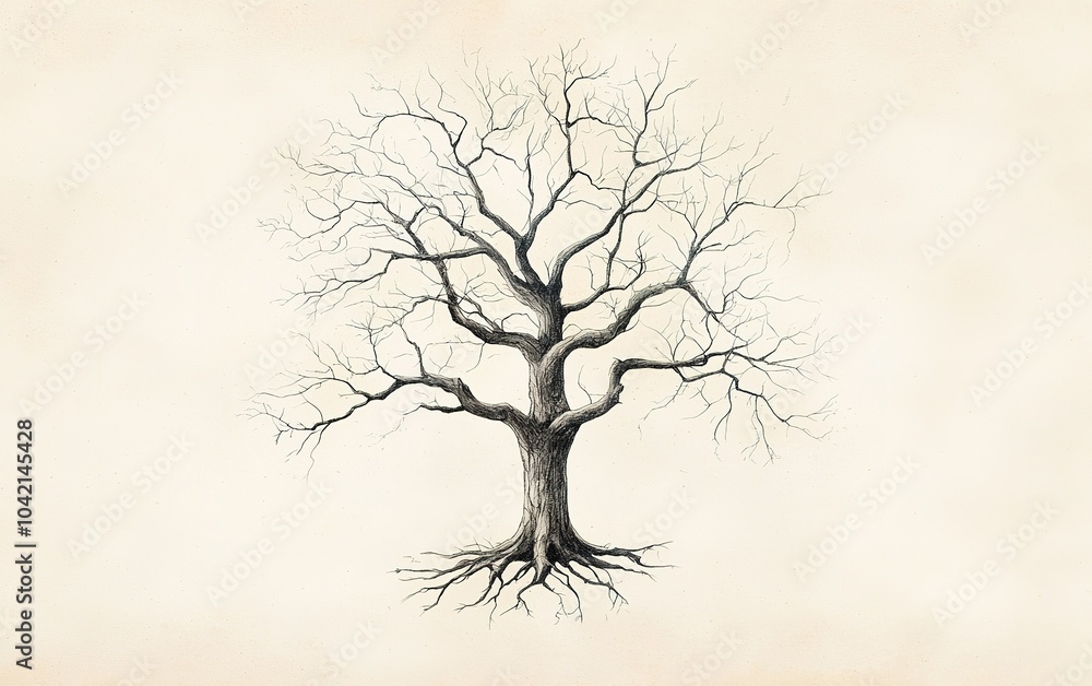 Poster a detailed depiction of a leafless tree with intricate branches and roots on a plain background show