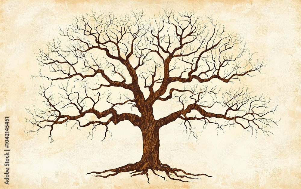 Aufkleber detailed drawing of a bare tree with intricate branches and roots set against a textured light backg