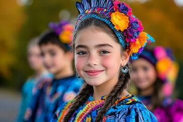 Fototapeta premium Children from around the world in traditional costumes, standing in front of a vibrant landscape