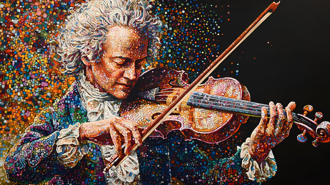 Baroque music pointillism a portrait of vivaldi composed entirely of colorful dots, mimicking the meticulous detail and texture of his four seasons concertos. Pointillist Portrait. Illustration