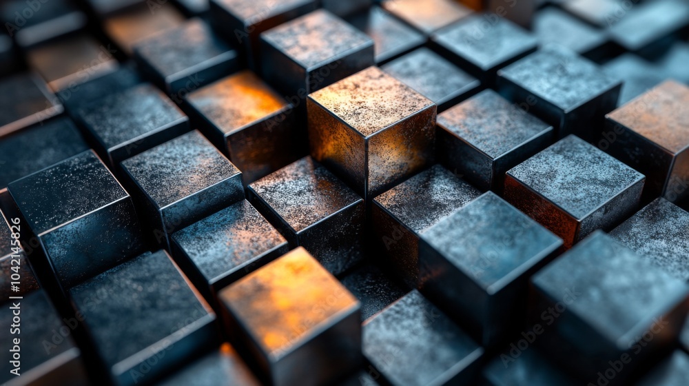 Poster A visually striking composition of metallic cubes is arranged in an intricate 3D pattern, showcasing varying colors and reflective surfaces that enhance depth and interest.