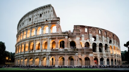 Fototapeta premium The majestic Colosseum at sunset, illuminated by golden light under dark storm clouds in the heart of Rome